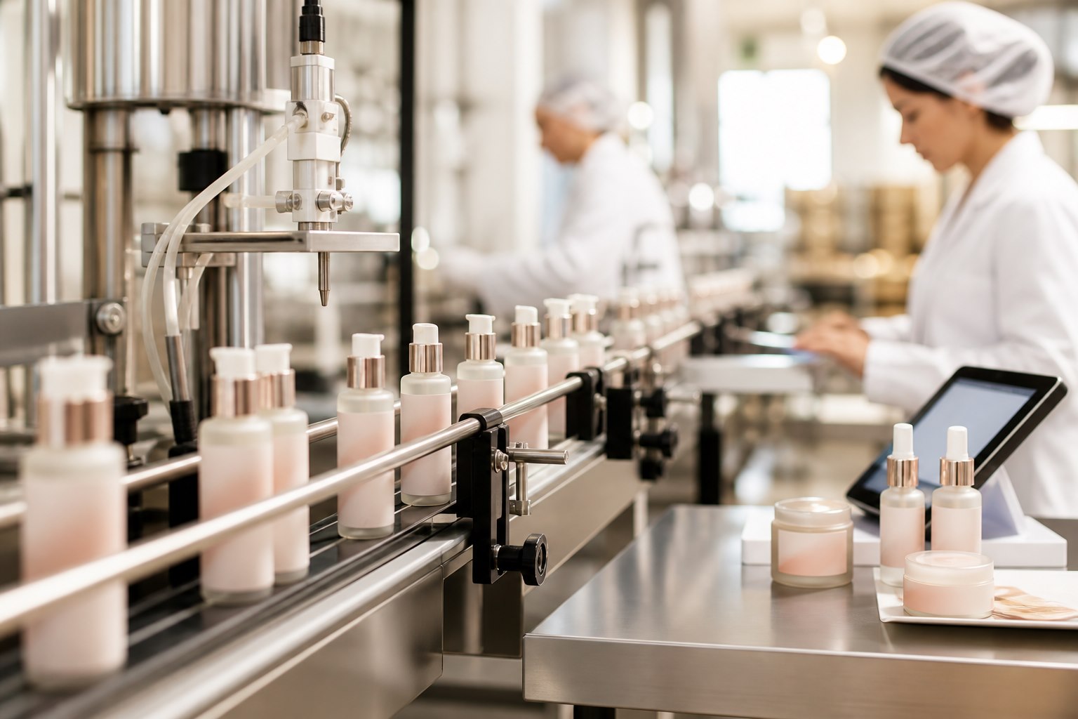 Produzione cosmetica con filling line e operatori