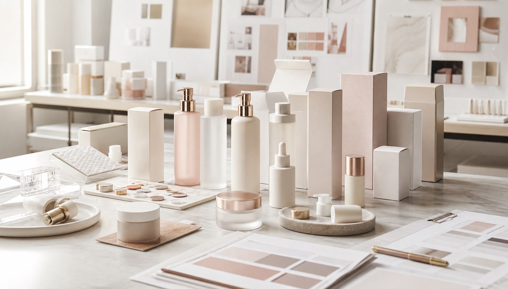 Studio packaging beauty con prototipi e materiali premium