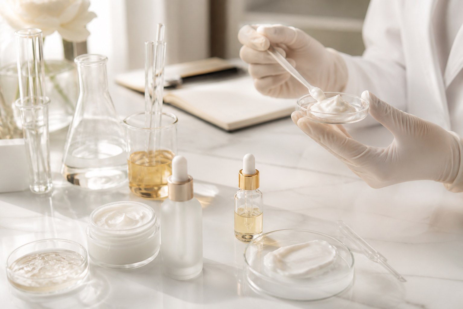 Laboratorio skincare luminoso con becher, texture e dropper