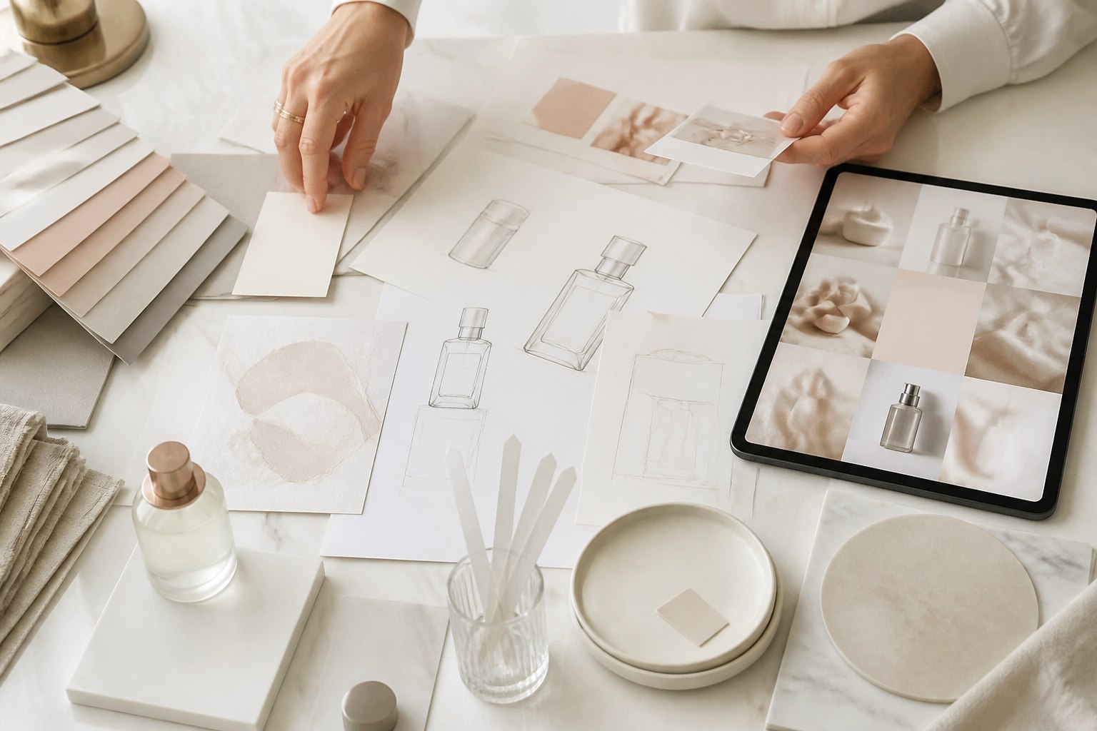 Moodboard strategico con palette e packaging sketch